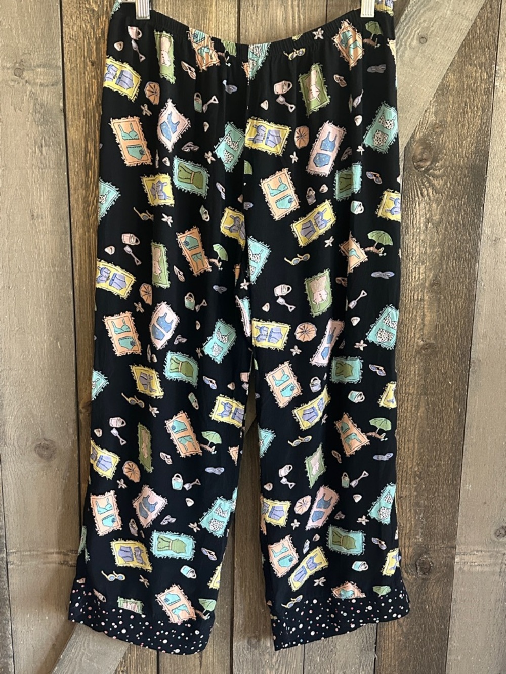 Twyla Blu Vintage Novelty Print Wide Leg Pants Beach Vacation Elastic Waist XL